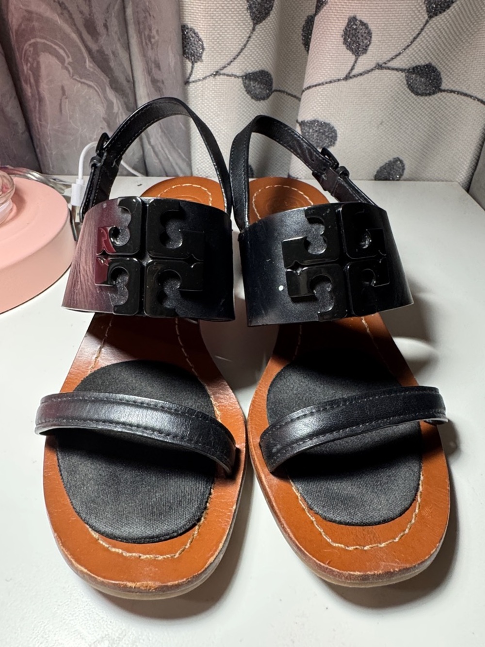 Tory Burch Black and Brown Logo Slingback Sandals